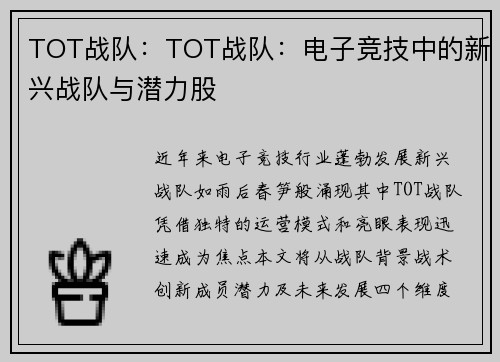 TOT战队：TOT战队：电子竞技中的新兴战队与潜力股