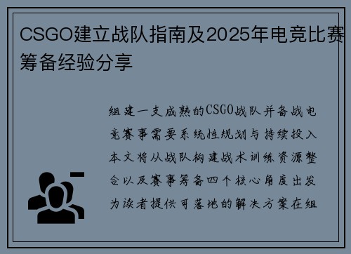 CSGO建立战队指南及2025年电竞比赛筹备经验分享