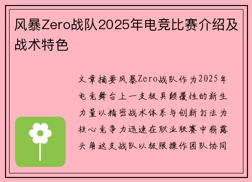 风暴Zero战队2025年电竞比赛介绍及战术特色